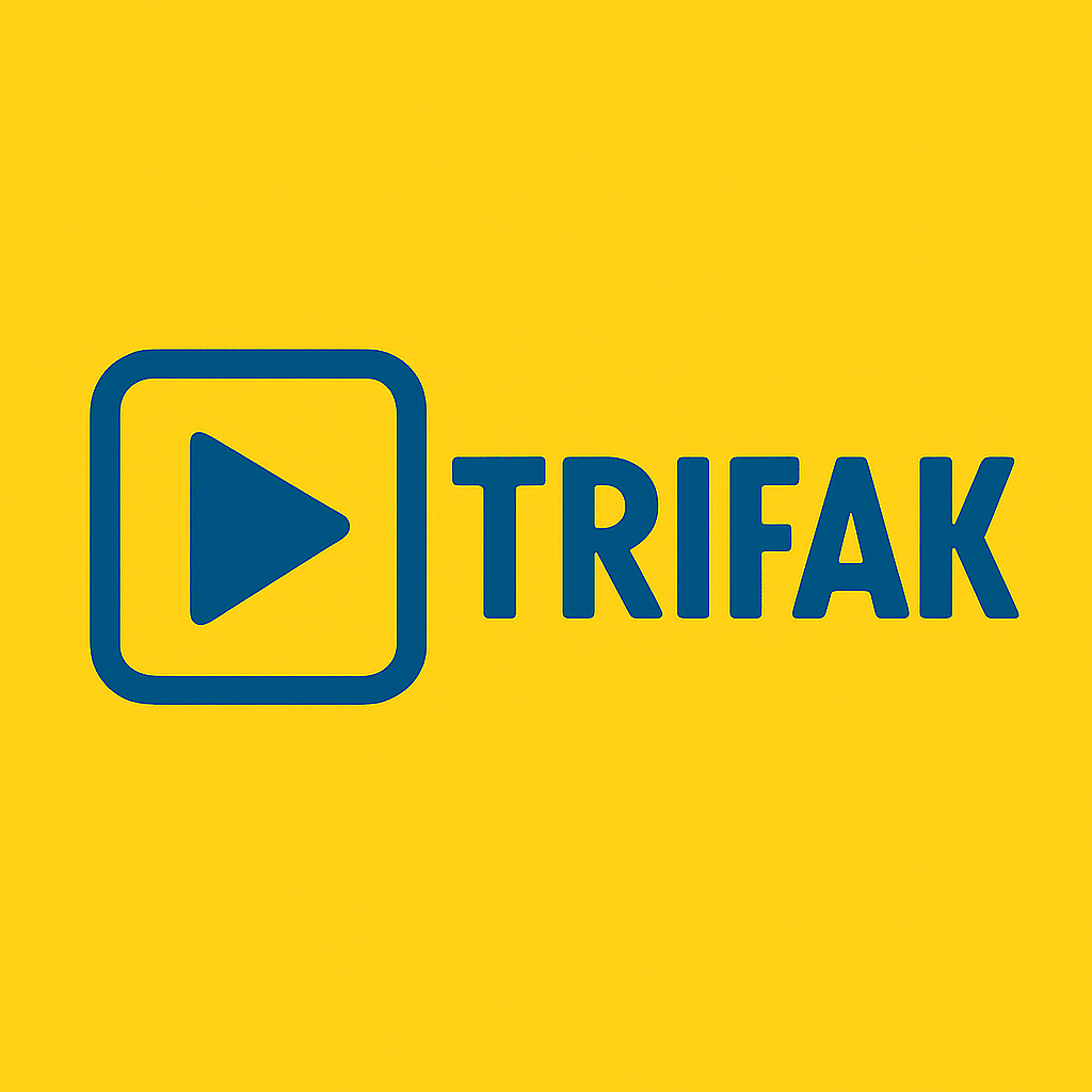 TRIFAK logo A yellow background logo featuring the word “TRIFAK” in bold blue capital letters beside a blue play button icon enclosed in a rounded square.