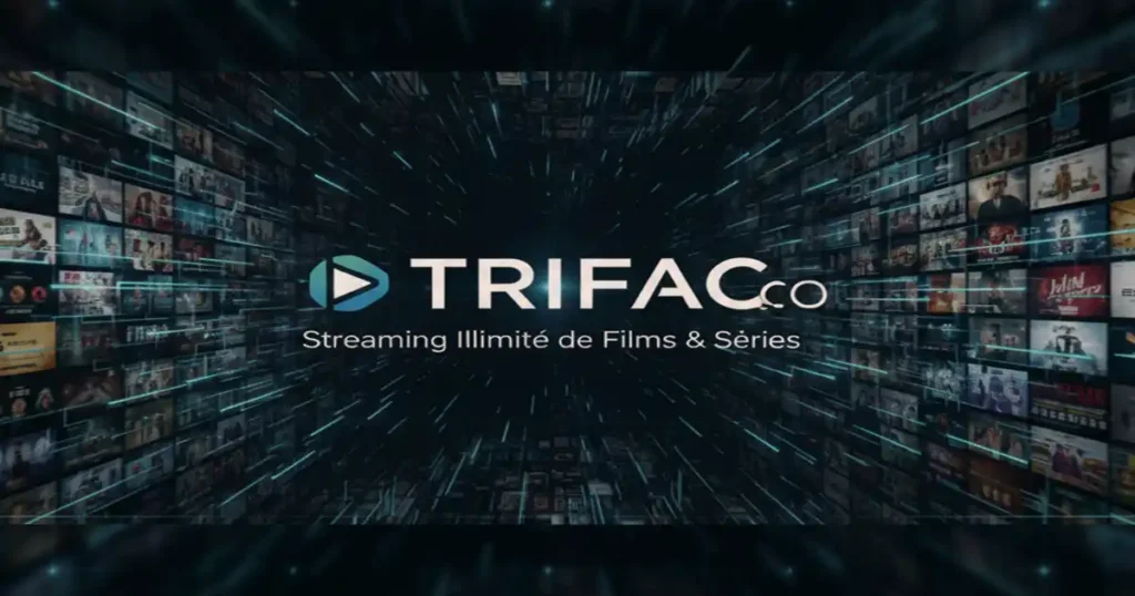 TRIFAK - A sleek, dark blue background with glowing lines converging towards the center, creating a sense of depth and movement. In the center, the TRIFAC.CO logo appears prominently, featuring a white play button icon within a blue triangle, followed by the text 'TRIFAC.CO' in white. Below the logo, the tagline 'Streaming Illimité de Films & Séries' is displayed in smaller white text. The background is filled with a mosaic of small, blurred movie and TV show thumbnails, suggesting a vast library of streaming content, flowing towards the viewer."